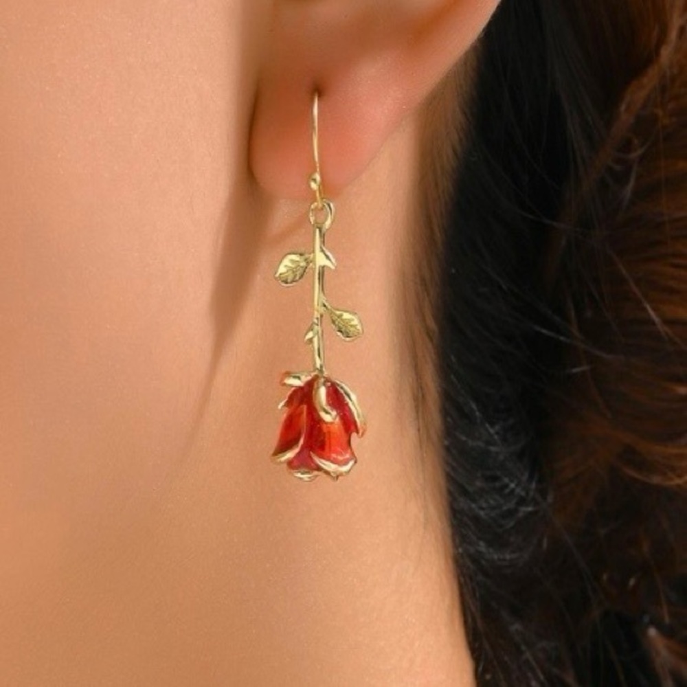 Elegant Gold and Red Rose Drop Earrings